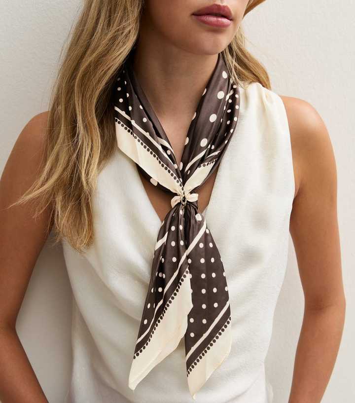 Brown Spot Print Satin Toggle Neck Scarf