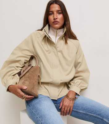 Stone High Neck Peplum Waistband Zip Through Windbreaker
