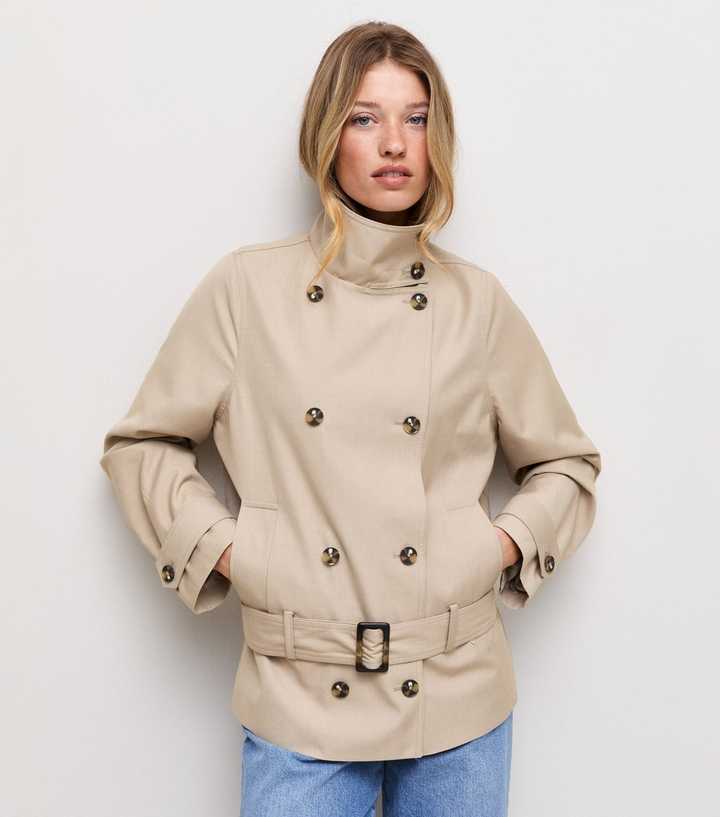 Stone Funnel Neck Belted Mac Jacket