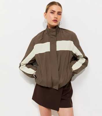 Brown Colour Block Bubbles Hem Zip Through Jacket