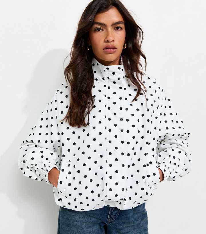White Polka Dot Bubble Hem Zip Through Jacket
