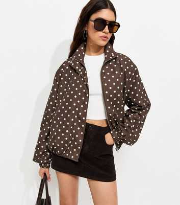 Brown Polka Dot Bubble Hem Zip Windbreaker Jacket