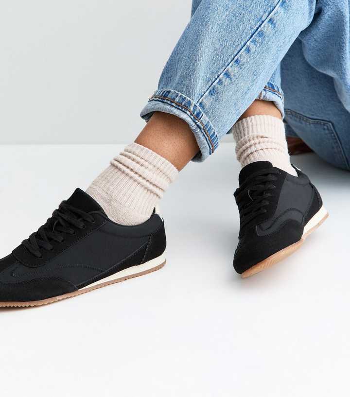 Black Faux Brushed Leather Panelled Jogger Trainers