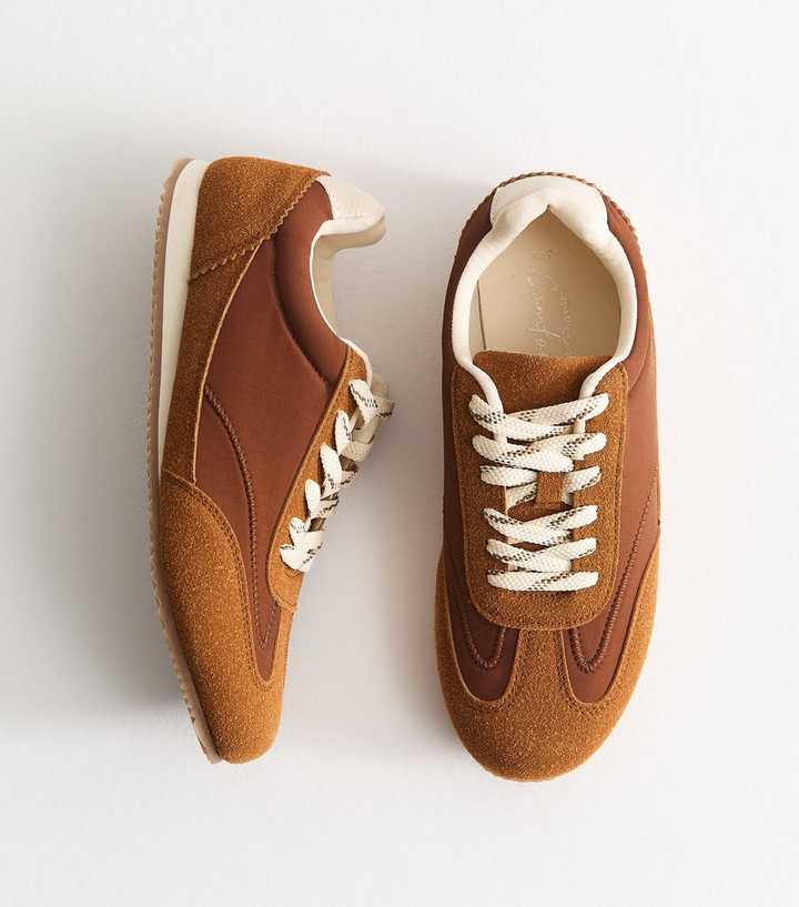 Tan Faux Brushed Leather Panelled Jogger Trainers