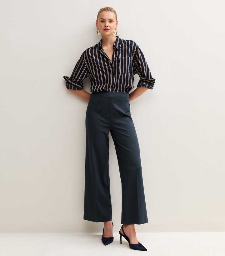 Navy Jersey Wide Leg Tailored Trousers