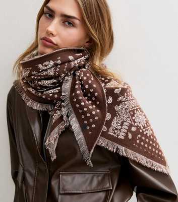 Brown Paisley Knit Triangle Shawl Scarf