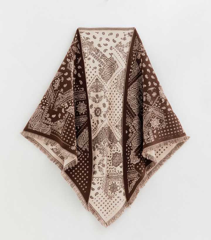 Brown Paisley Knit Triangle Shawl Scarf