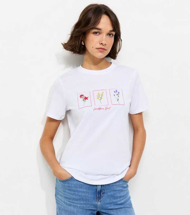 White Cotton Flower Print Crew Neck T-Shirt