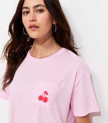 Pink Cotton Cherry Pocket Crew Neck T-Shirt
