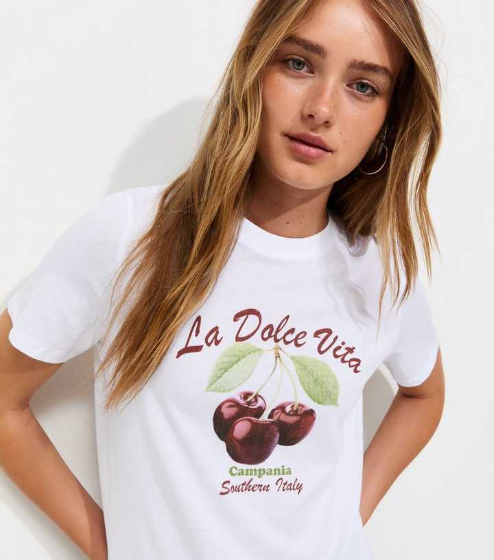 White Cotton Cherry Print Crew Neck T-Shirt