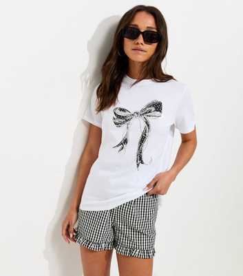 White Cotton Foil Print Bow T-Shirt