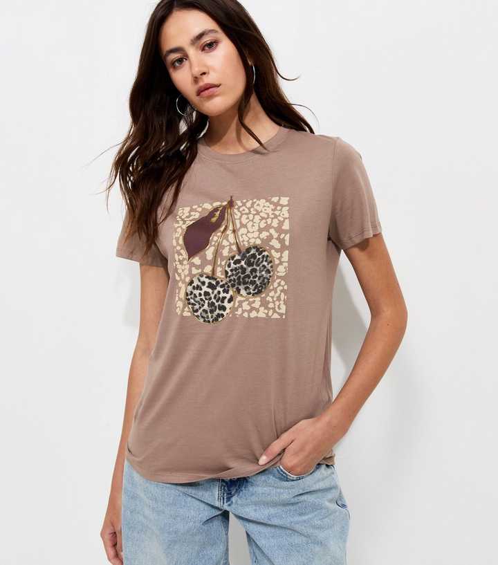 Light Brown Cotton Foil Cherry Relaxed T-Shirt