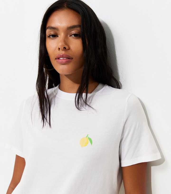 White Cotton Lemon Print Relaxed Fit T-Shirt