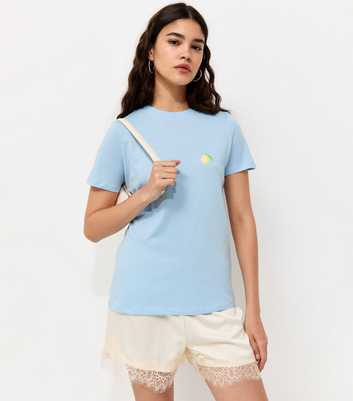 Light Blue Cotton Lemon Print Relaxed Fit T-Shirt