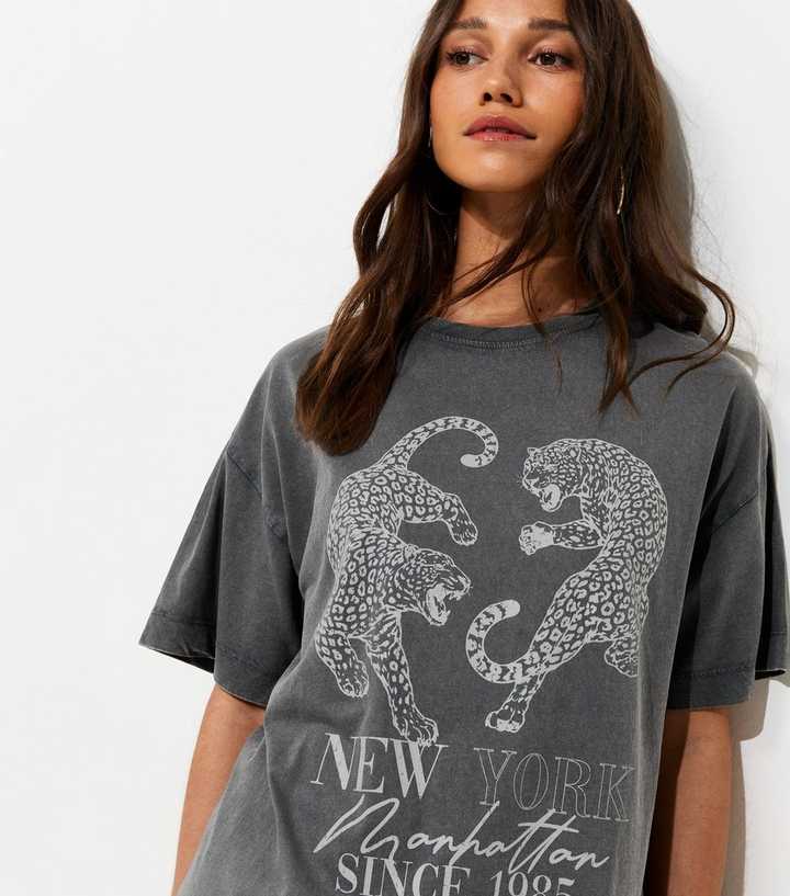 Dark Grey Cotton Leopard Acid Wash Oversized T-Shirt