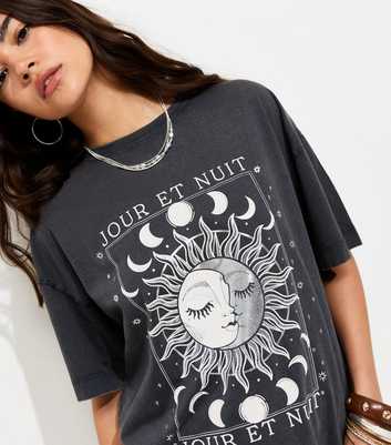 Dark Grey Cotton Mystic Print Acid Oversized T-Shirt