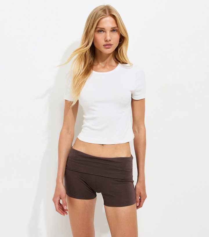 Dark Brown Cotton Rich Fold Over Hot Pant Shorts