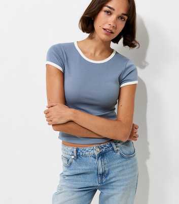 Blue Cotton Rich Contrast Trim Ringer T-Shirt
