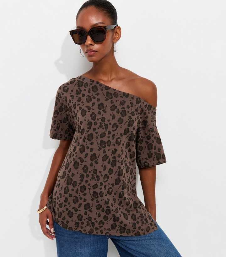 Brown Cotton Leopard Print Off The Shoulder T-Shirt