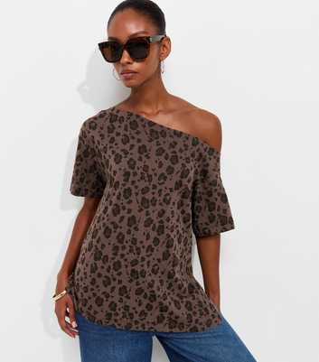 Brown Cotton Leopard Print Off The Shoulder T-Shirt