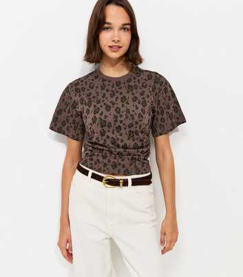 Brown Cotton Leopard Print Corset Waist T-Shirt