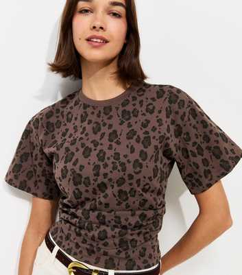 Brown Cotton Leopard Print Corset Waist T-Shirt