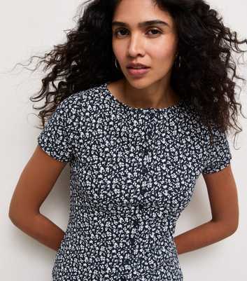 Blue Ditsy Print Button Front Ribbed Jersey Top