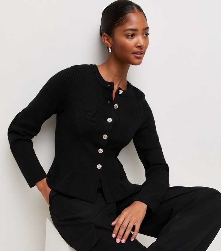 Black Ribbed Knit Textured Button Peplum Cardigan