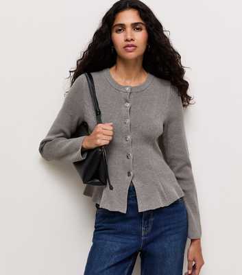Grey Ribbed Knit Textured Button Peplum Cardigan