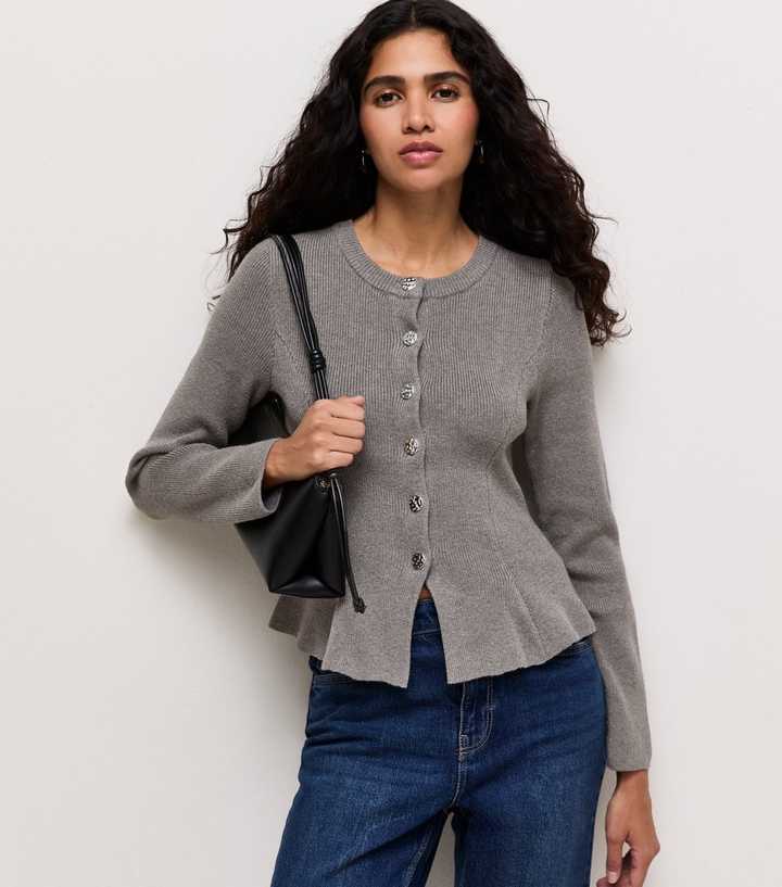 Grey Ribbed Knit Textured Button Peplum Cardigan