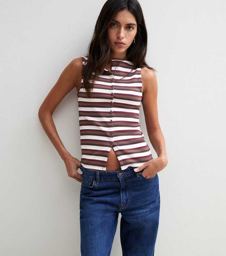 Brown Cotton Rich Striped Button Through Tank Top