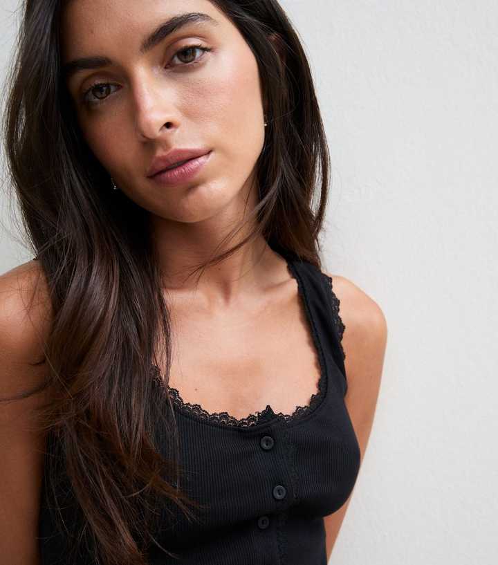 Black Cotton Rich Lace Trim Button Through Vest