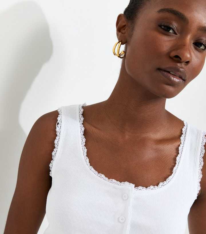 White Cotton Rich Lace Trim Button Through Vest