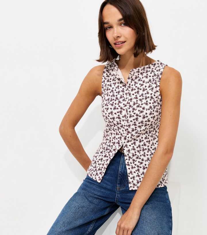 Cream Cotton Rich Floral Print Ribbed Button Through Tank