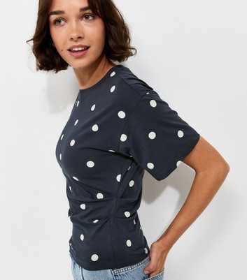 Blue Polka Dot Fitted Waist Crew Neck T-Shirt