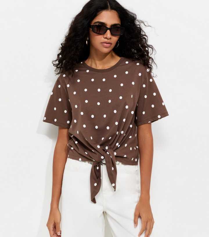 Brown Cotton Spot Print Tie Front T-Shirt