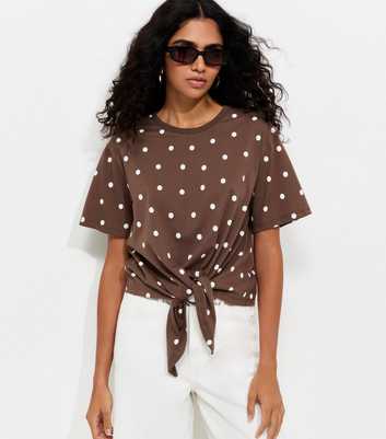 Brown Cotton Spot Print Tie Front T-Shirt