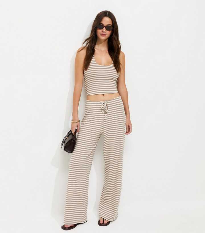 Brown Cotton Rich Striped Wide Leg Drawstring Trousers