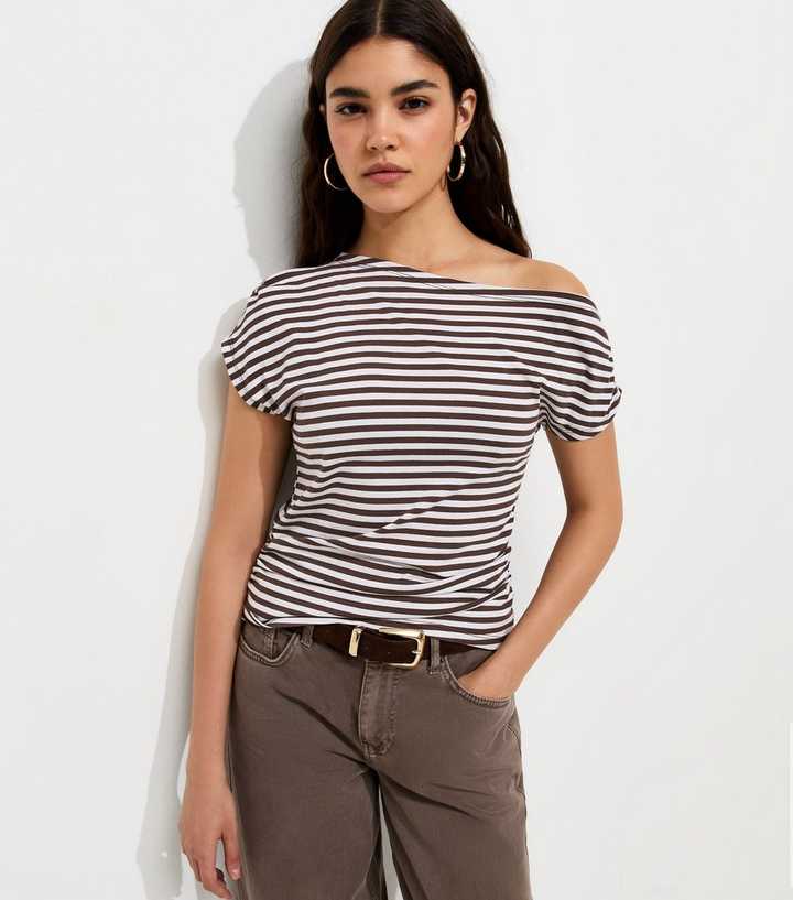 Brown Cotton Striped Off the Shoulder T-Shirt
