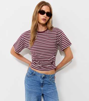 Red Striped Ruched Waist Crew Neck T-Shirt