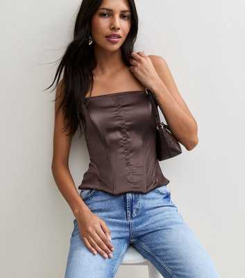 Dark Brown Satin Strapless Corset Top