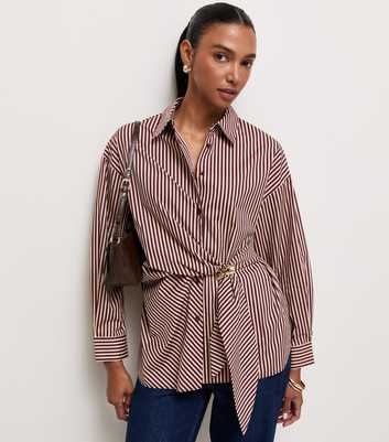 Brown Cotton Striped Tie Waist Shirt