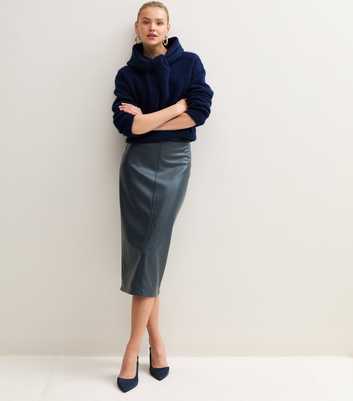 Blue Faux Leather Pencil Midi Skirt