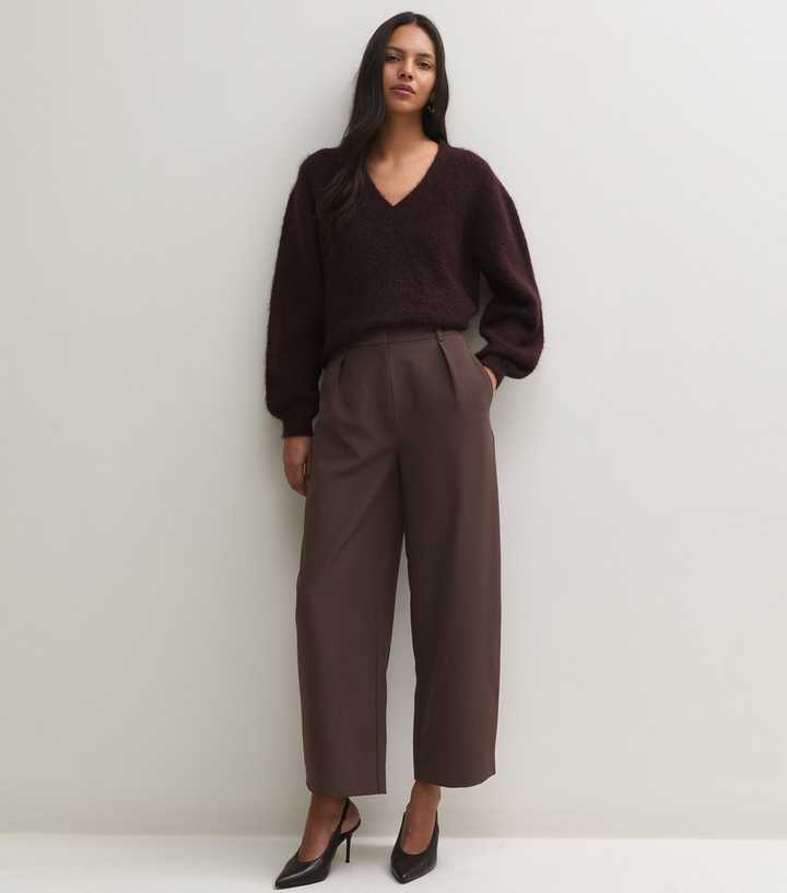 Dark Brown Pleated Wide Leg Barrel Trousers