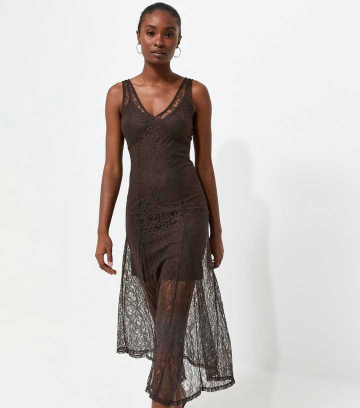 Dark Brown Lace Sleeveless V-Neck Midi Dress