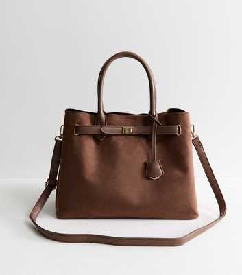 Mink Faux Leather and Faux Suede Belted Tote Bag