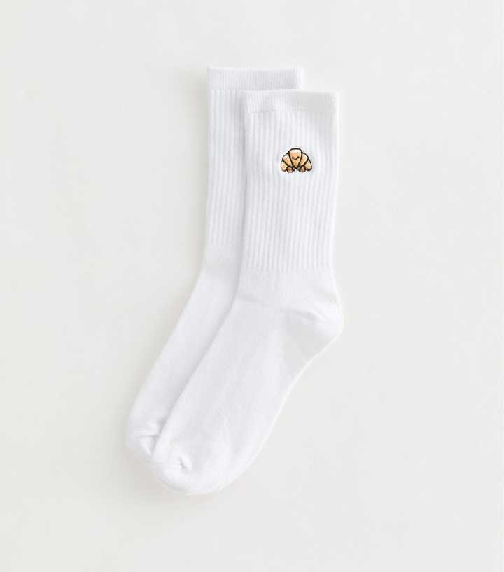White Cotton Rich Croissant Embroidered Ribbed Tube Socks