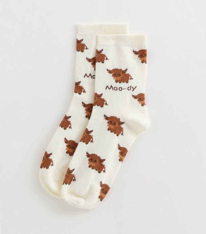 Cream Moo-Dy Highland Cow Pattern Socks