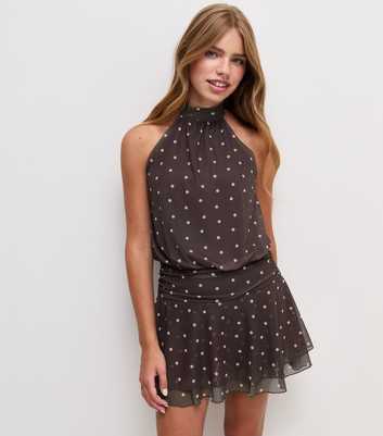 Girls Brown Mesh Polka Dot Halterneck Mini Dress