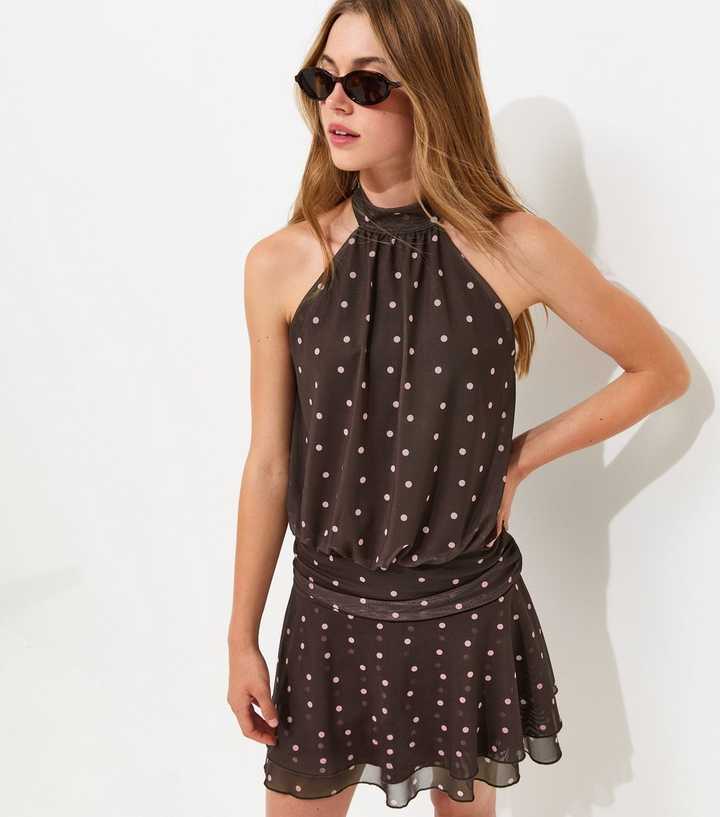 Girls Brown Mesh Polka Dot Halterneck Mini Dress